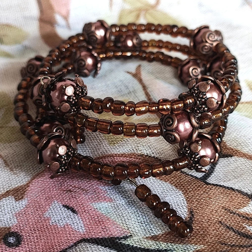 Oversized White Seed Bead Topaz Garnet Color Orange Beaded Memory Wire Bracelet